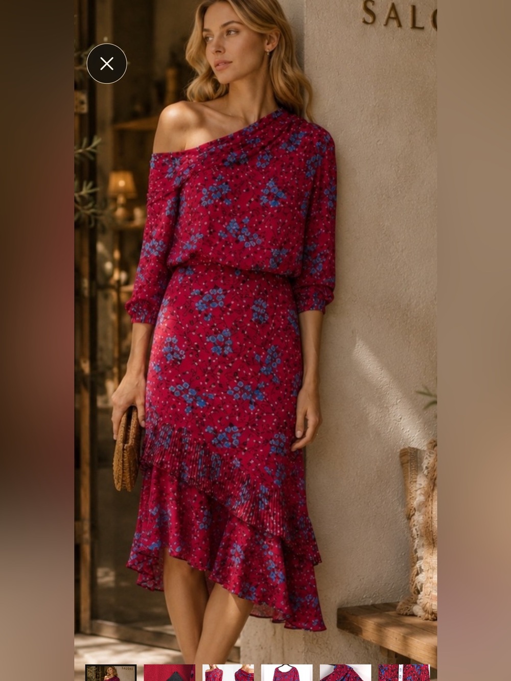Saloni One Shoulder Floral Silk Midi Dress Red Blue Ruffle Hem Designer